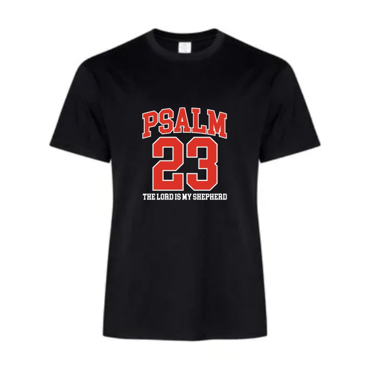 A black short-sleeve crewneck t-shirt with a red and white graphic on the chest reading 'PSALM 23 THE LORD IS MY SHEPHERD'.